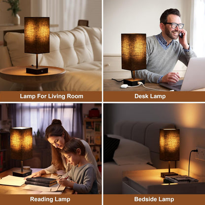 Bedside Table Lamp for Bedroom with 2 USB Ports, 14-Inch, Black | USB A+C Ports, Touch 3-Way Dimmable LED Bulb Included Fabric Lampshade Metal Base Small Nightstand Lamp for Desk Living Room