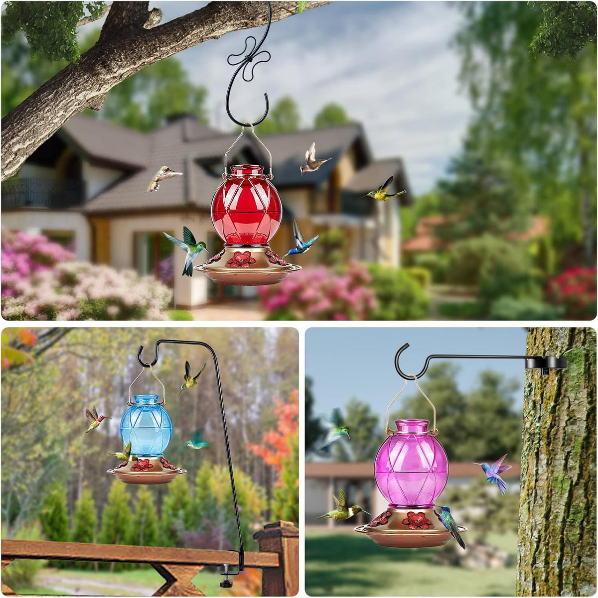 Hummingbird Feeders for Outdoors Hanging, Glass Hummingbird Feeder, Wild Bird Feeder with Five Feeding Ports, 20 Ounces, 2 Pack, Purple and Blue, Birthday Gifts for Women Men, Gifts for Mom Dad